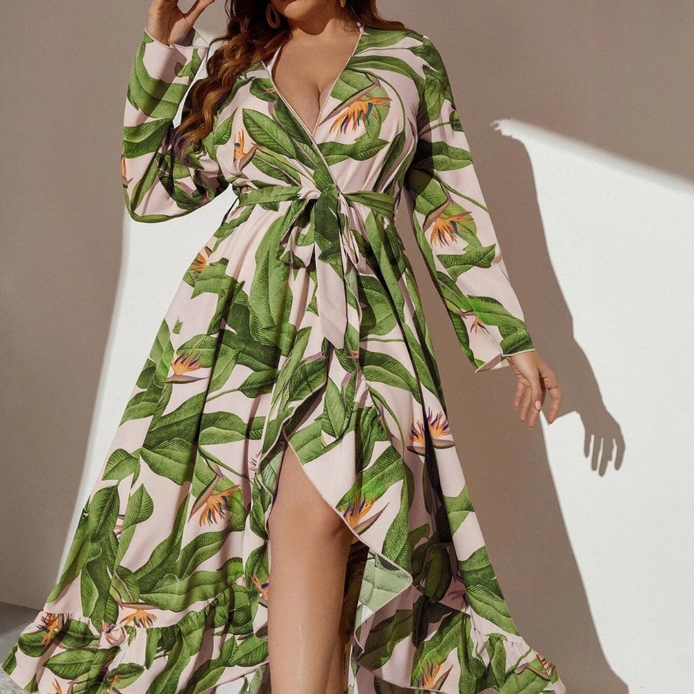 Green Boho Womens Tropical Print Belted Kimono - Picture 5 of 7